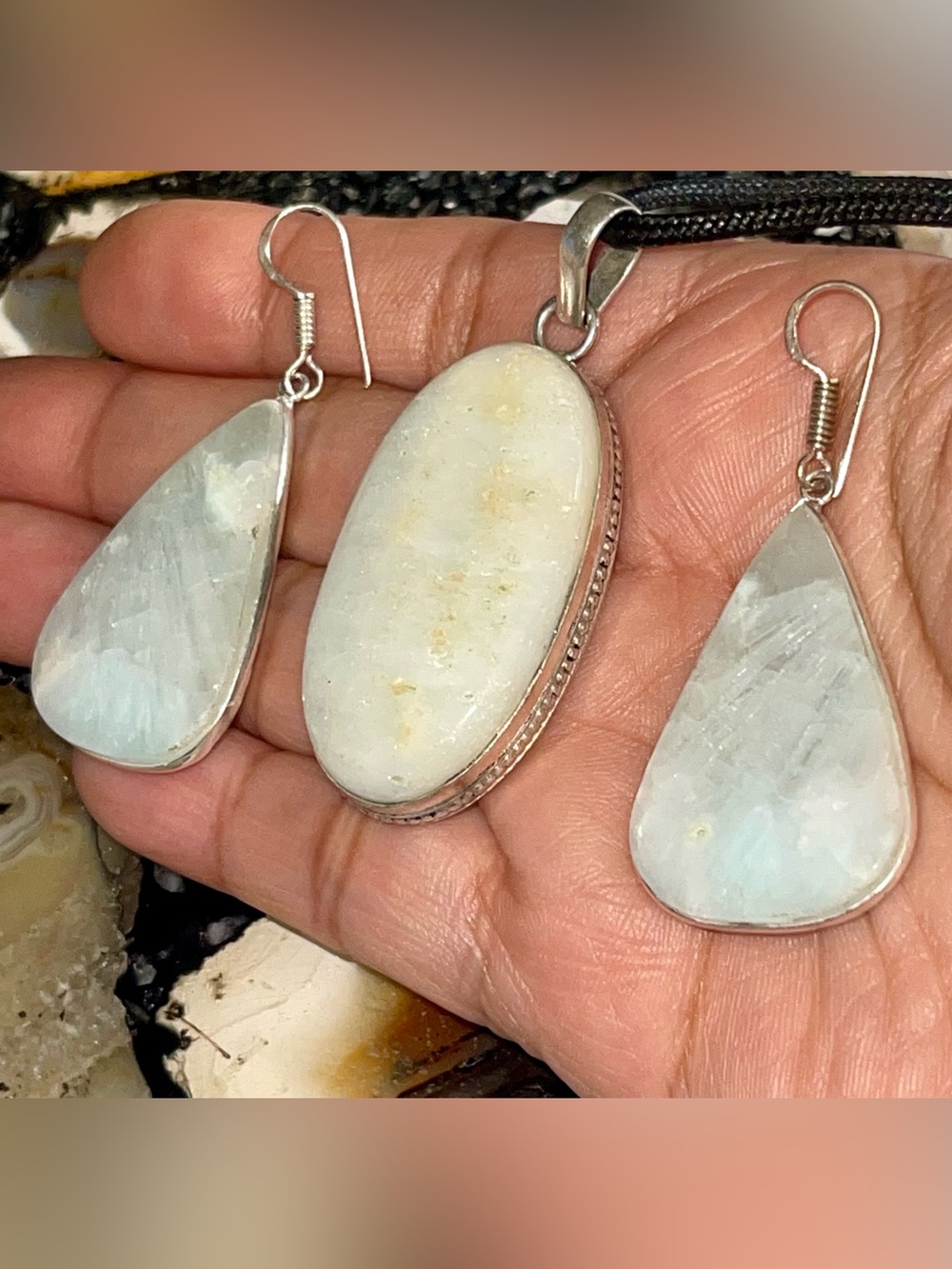 Pale Blue Green Hemimorphite Pendant & Earrings